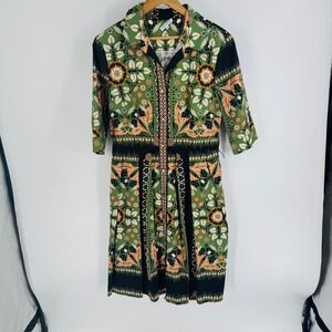 Patty Kim Green Floral Botanical Shirt Dress Size M Mod Garden Party No Belt